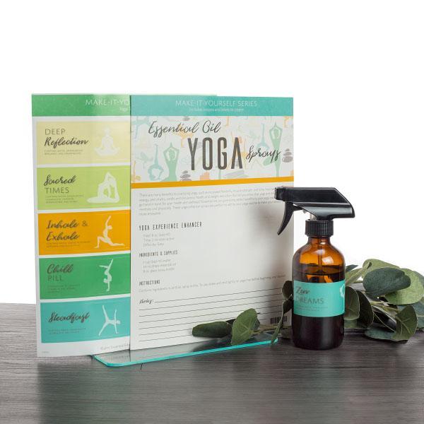 The "Essential Oil Yoga Sprays" Make-It-Yourself recipe chart and labels with an 8 oz. amber glass spray bottle.