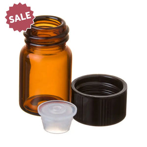 5/8 Dram Amber Glass Vials Orifice Reducers And Black Caps, close up