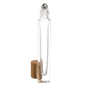 1/3 oz. Clear Square Glass Bottles with Metal Roll-ons and Matte Gold Caps (Pack of 6)