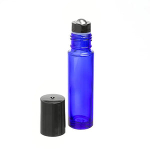 1/3 oz. Blue Glass Bottles with Metal Roll-ons and Black Caps (Pack of 6)