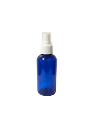 4 oz. Blue PET Boston Round Plastic Bottle (24-400 Neck Size) with Misting Sprayer White Sprayer