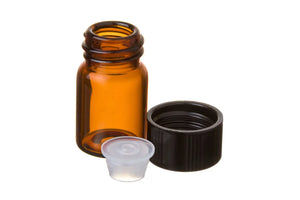 5/8 Dram Amber Glass Vials Orifice Reducers And Black Caps, close up