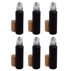 1/3 Oz. Matte Black Glass Bottles With Metal Roll-Ons And Gold Caps (Pack Of 6)