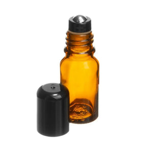 10 ml Amber Glass Vials with Stainless Steel Roll-ons and Black Caps (Pack of 6)