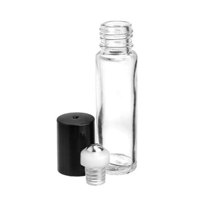 1/3 Oz. Clear Glass Roll-On Vials With Springlock Stainless Steel Roll-Ons And Black Caps (Pack Of