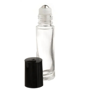 1/3 oz. Clear Glass Roll-on Vials with SpringLock Stainless Steel Roll-ons and Black Caps (Pack of 6)