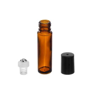 1/3 oz. Amber Glass Roll-on Vials with SpringLock Stainless Steel Roll-ons and Black Caps (Pack of 6)