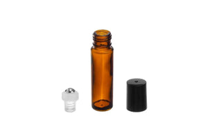 1/3 oz. Amber Glass Roll-on Vials with SpringLock Stainless Steel Roll-ons and Black Caps (Pack of 6)