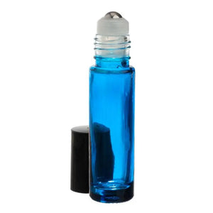 1/3 oz. Blue Glass Roll-on Vials with SpringLock Stainless Steel Roll-ons and Black Caps (Pack of 6)
