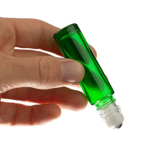 1/3 Oz. Green Glass Roll-On Vials With Springlock Stainless Steel Roll-Ons And Black Caps (Pack Of