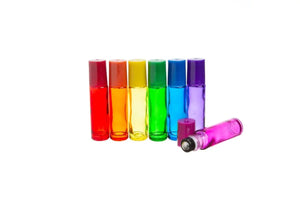 1/3 oz. Chakra-Colored Glass Vials with Stainless Steel Rollers and Matching Lids (Set of 7)