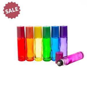 1/3 oz. Chakra-Colored Glass Vials with Stainless Steel Rollers and Matching Lids (Set of 7)
