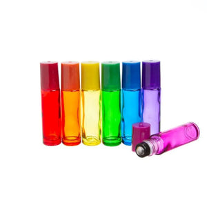 1/3 oz. Chakra-Colored Glass Vials with Stainless Steel Rollers and Matching Lids (Set of 7)