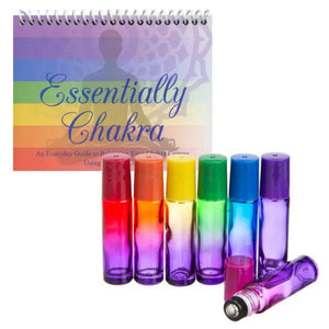 Essentially Chakra" Set with Ombre Chakra-colored Glass Roll-on Vials "