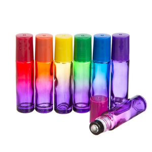1/3 oz. Chakra-colored Ombre Glass Vials with Stainless Steel Rollers and Matching Lids (Set of 7)