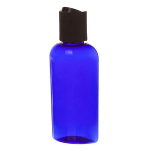 2 oz. Blue Plastic Oval Bottle and Black Disc-top Cap