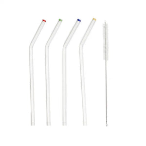 Glass Drink Straws And Cleaning Brush (Set Of 4) Bent With Colored Tips