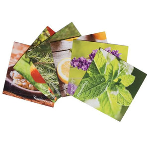 Back side of Essential Oil Word Mosaics and Photo Art Cards pack, featuring: peppermint, lavender, lemon, melaleuca, wild orange and frankincense.