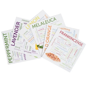 Front side of Essential Oil Word Mosaics and Photo Art Cards pack, featuring: peppermint, lavender, lemon, melaleuca, wild orange and frankincense.