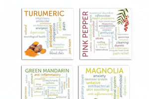 Front side of Essential Oil Word Mosaics and Photo Art Cards pack, featuring: turmeric, pink pepper, green mandarin and magnolia.