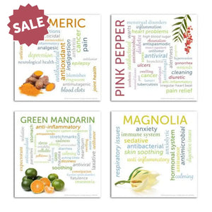 Front side of Essential Oil Word Mosaics and Photo Art Cards pack, featuring: turmeric, pink pepper, green mandarin and magnolia.