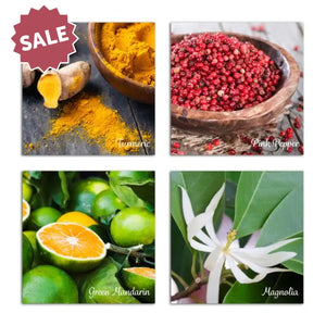 Back side of Essential Oil Word Mosaics and Photo Art Cards pack, featuring: turmeric, pink pepper, green mandarin and magnolia.