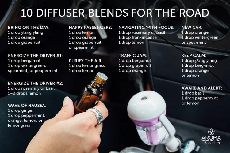 10 Essential Oil Diffuser Blends for the Road + Tips for Diffusing in the  Car - AromaTools®