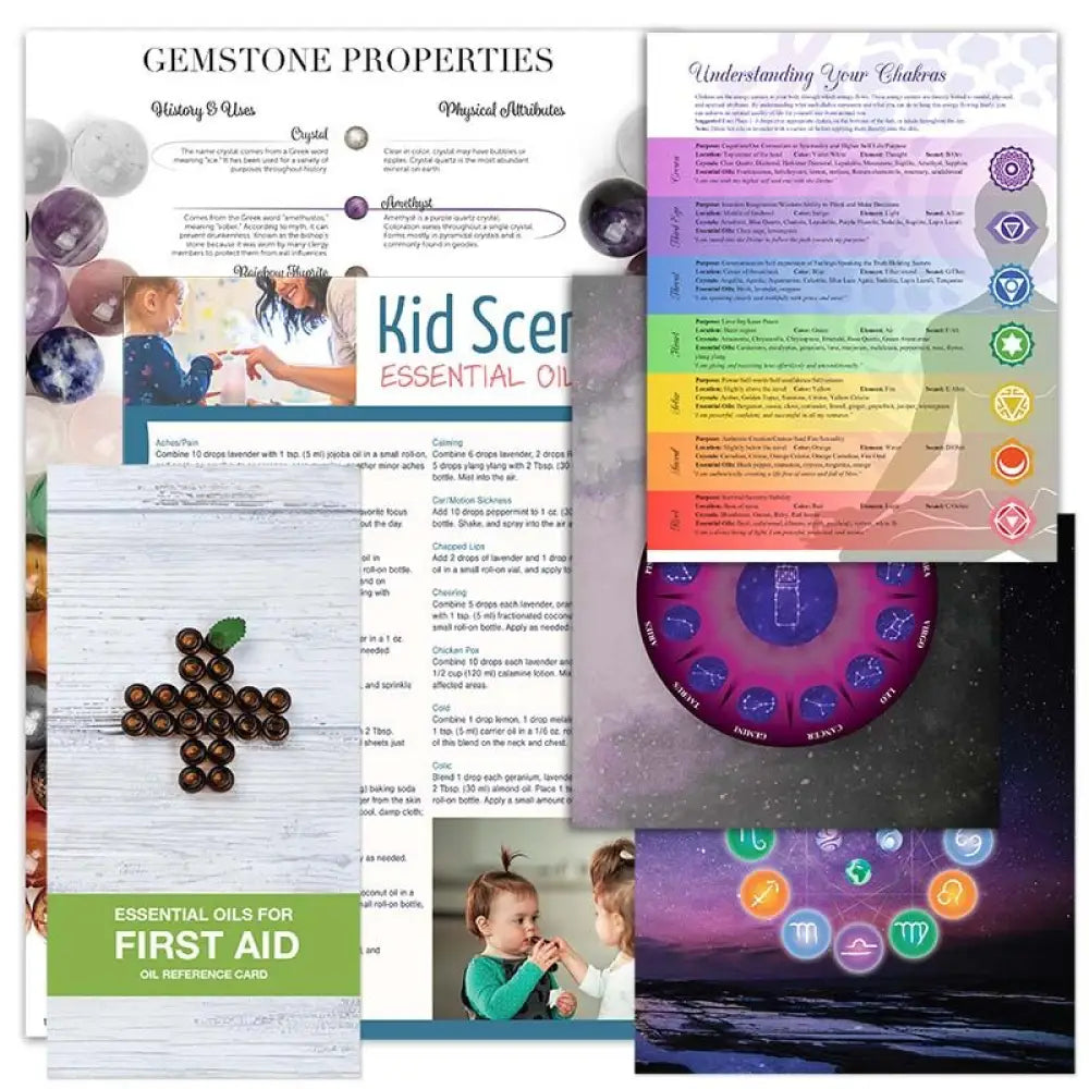 6 Chart Set: Chakras  Astrological  Zodiac  Gemstone  Kid Scents  and First Aid