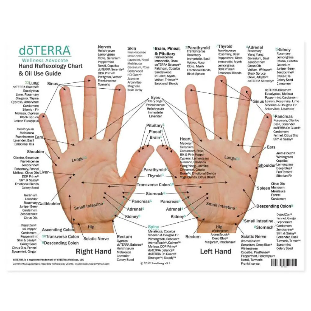 Hand side of the Hand and Foot Reflexology Chart (8-1/2 X 11), features doTERRA essential oils and blends.