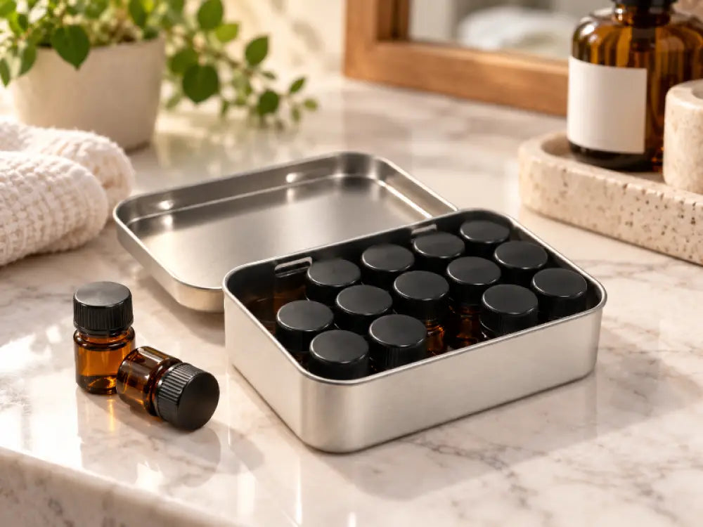 Metal Essential Oil Sample Bottle Storage Tin – Silver Hold eighteen 1/4 Dram Sample Bottles