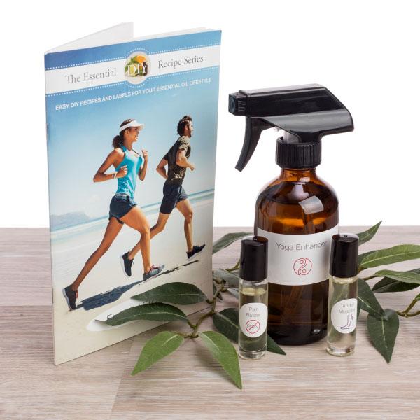 The "Essential Fitness" recipe booklet with some of the included labels on glass bottles.