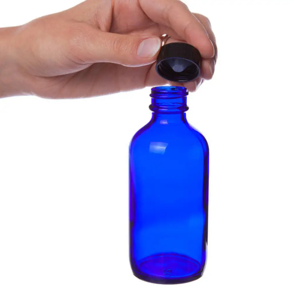 4 Oz. Blue Glass Bottle With Black Cap