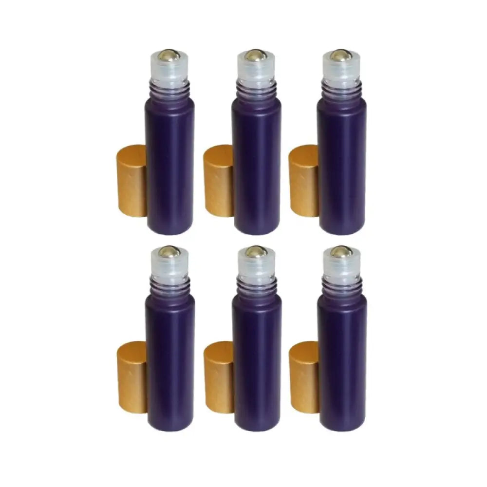 1/3 Oz. Matte Purple Glass Bottles With Metal Roll-Ons And Gold Caps (Pack Of 6)