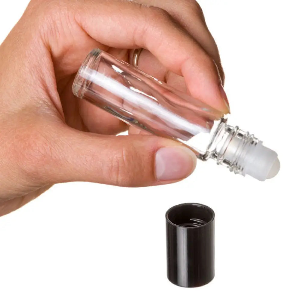 1/3 Oz. Clear Glass Roll-On Vials With Black Caps, hand reference shot