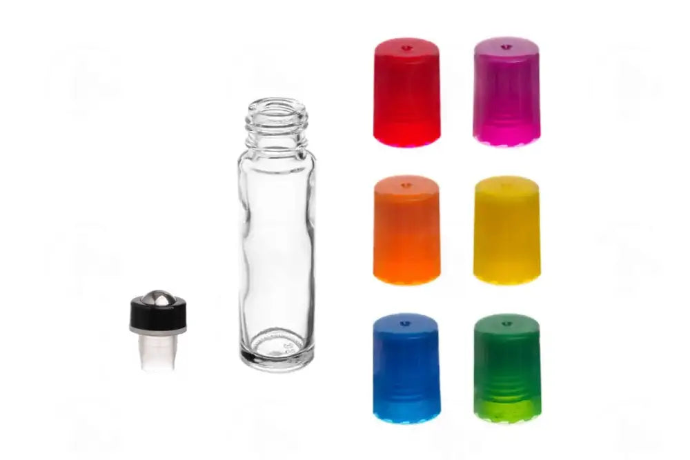 1/3 oz. Clear Glass Bottles with Metal Roll-ons and Assorted Bright Caps (Pack of 6)