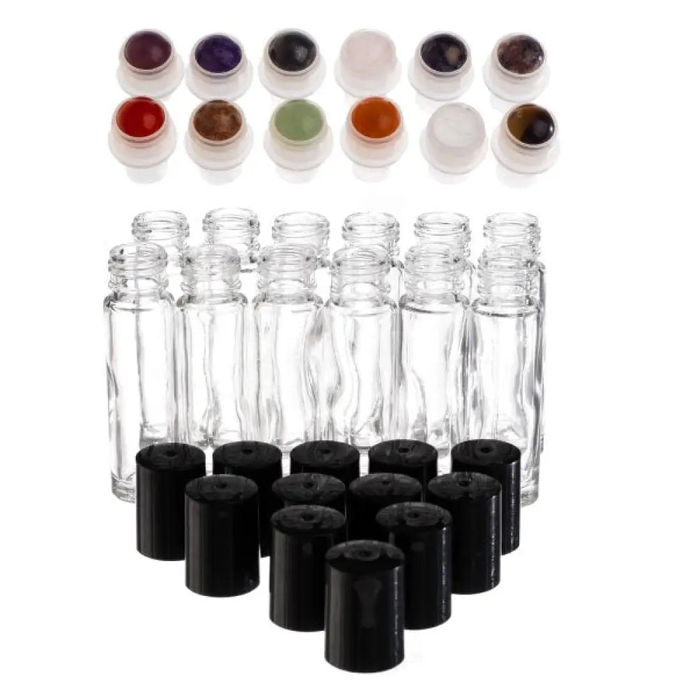 1/3 oz. Clear Glass Vials with Gemstone Rollers and Black Caps (Pack of 12)
