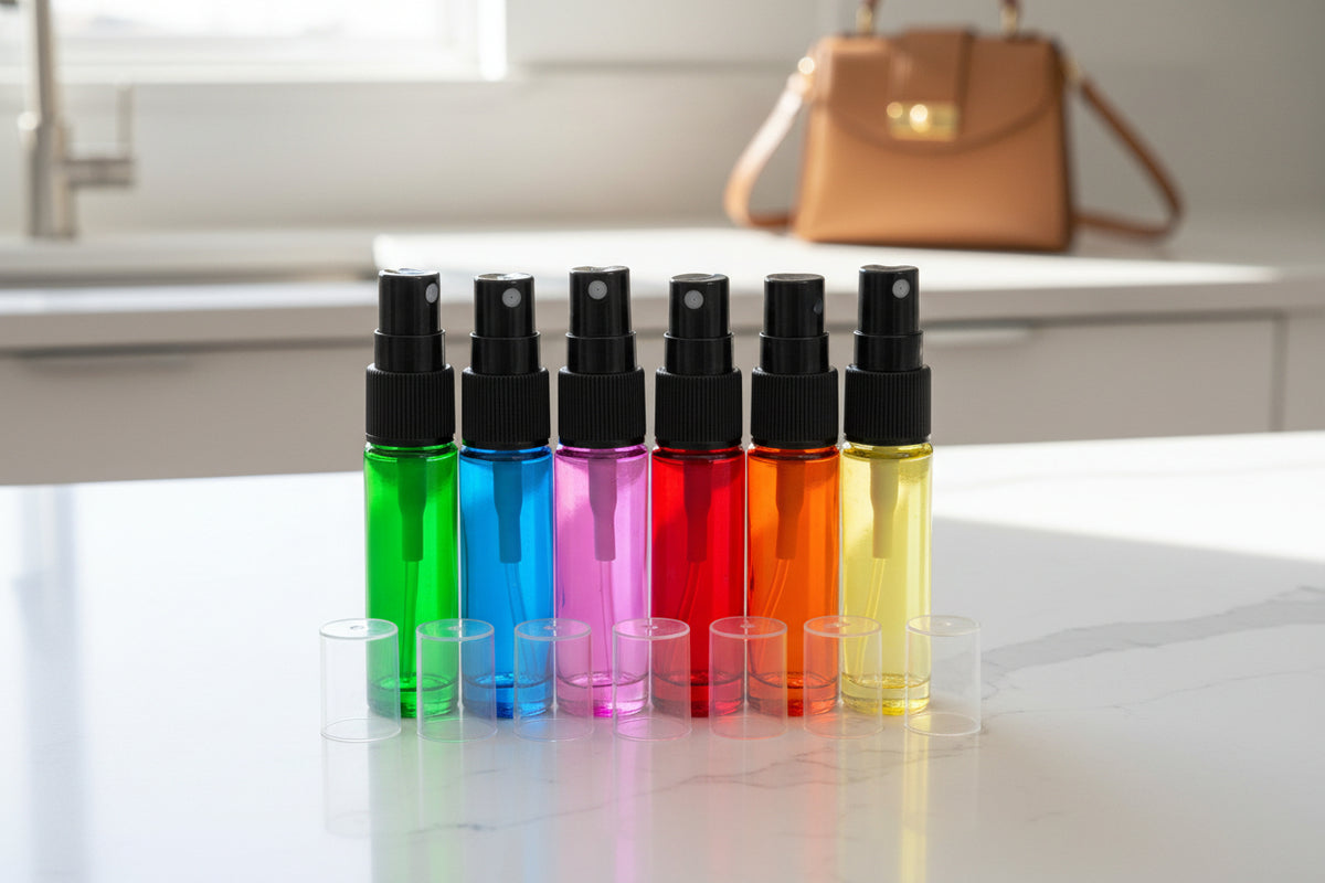 10 ml Rainbow-colored Glass Vials with Black Misting Spray Tops (Pack of 6)
