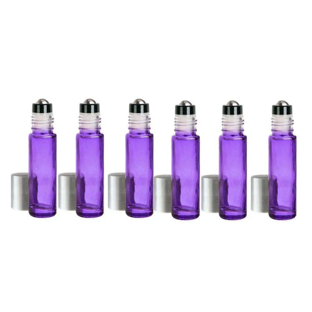 1/3 Oz. Purple Glass Bottles With Metal Roll-Ons And Silver Caps (Pack Of 6)