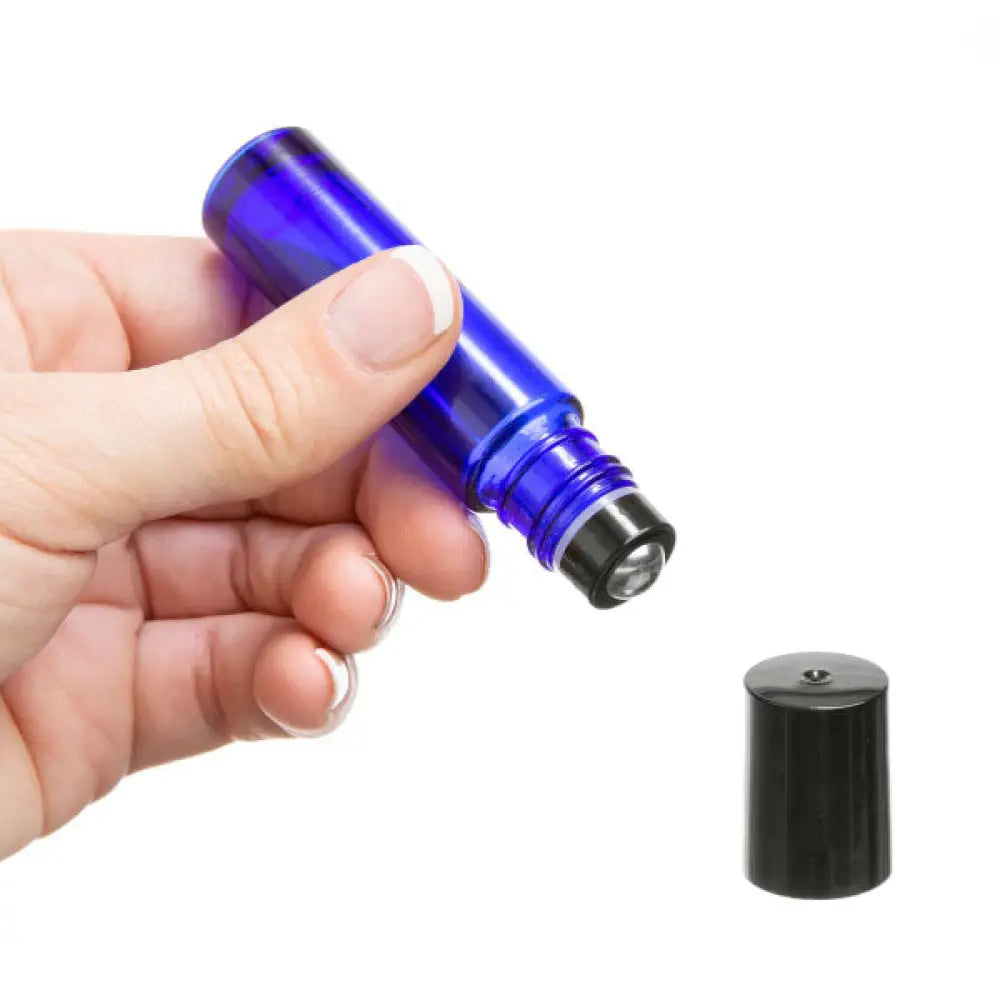 1/3 Oz. Blue Glass Bottles With Metal Roll-Ons And Black Caps (Pack Of 6)