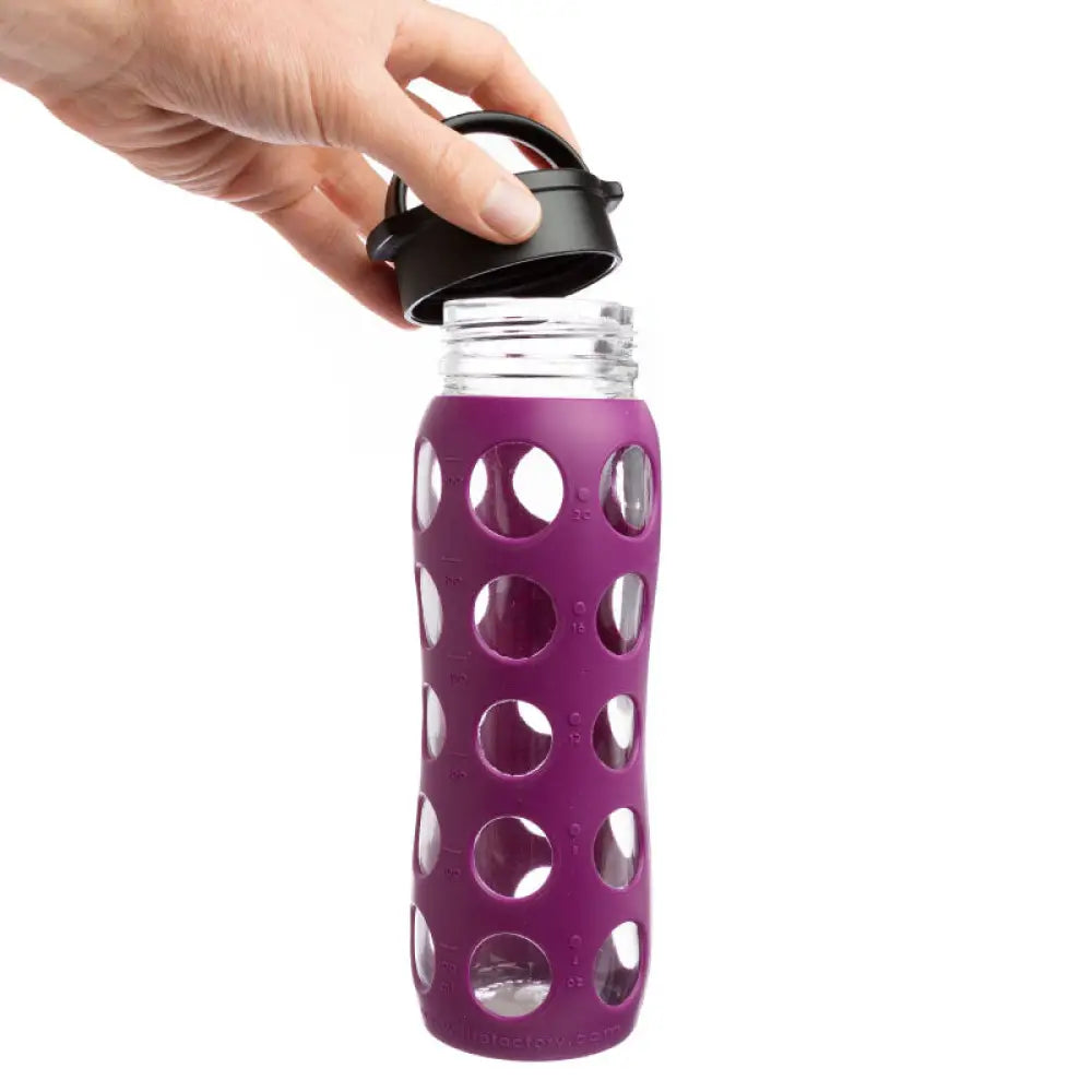 Glass Water Bottle With Plastic Flip Cap And Silicone Sleeve (22 Oz.) Plum