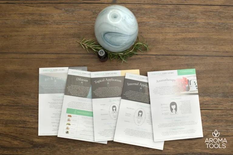 Mini tear pads on the topics: aromatherapy, cooking, dilution, topical application, internal application.