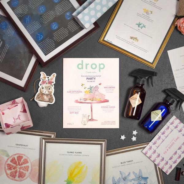 A beautiful spread with the Drop magazine (1st edition) laid out with page inserts and included DIY project ideas.