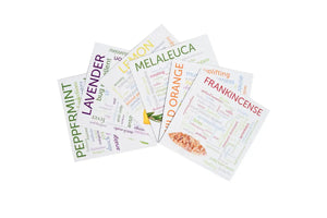 Front side of Essential Oil Word Mosaics and Photo Art Cards pack, featuring: peppermint, lavender, lemon, melaleuca, wild orange and frankincense.