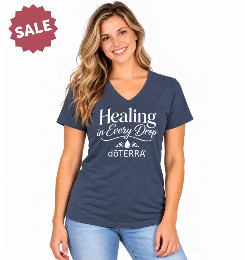 Unisex ’Healing in Every Drop doTERRA®’ Logo Short-Sleeve V- Neck T-Shirt - Heather Navy / Small (S)
