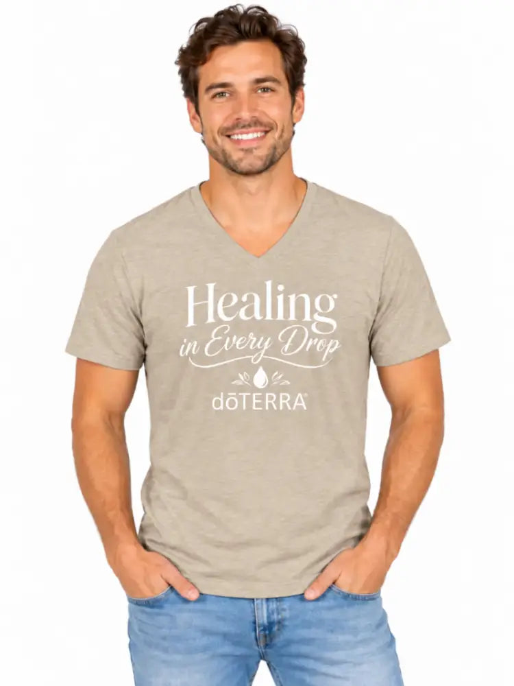 Unisex ’Healing in Every Drop doTERRA®’ Logo Short-Sleeve V- Neck T-Shirt - Heather Navy / Small (S)