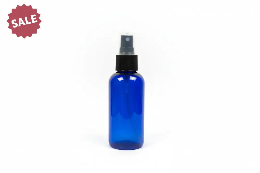 4 oz. Blue PET Boston Round Plastic Bottle (24-400 Neck Size) with Misting Sprayer Black Sprayer