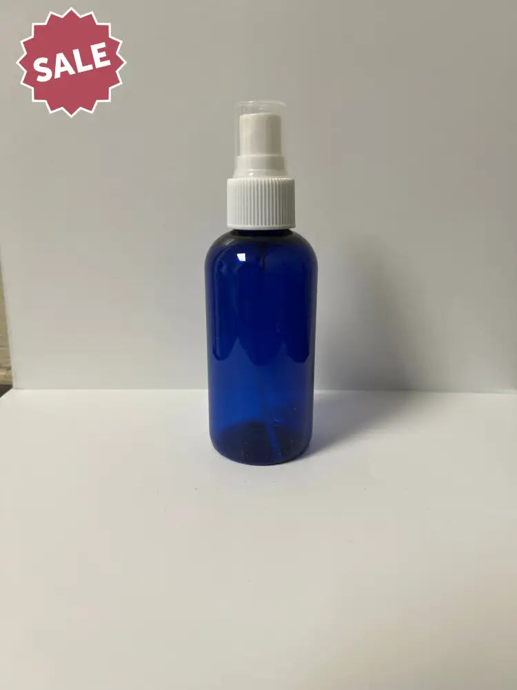 4 oz. Blue PET Boston Round Plastic Bottle (24-400 Neck Size) with Misting Sprayer White Sprayer