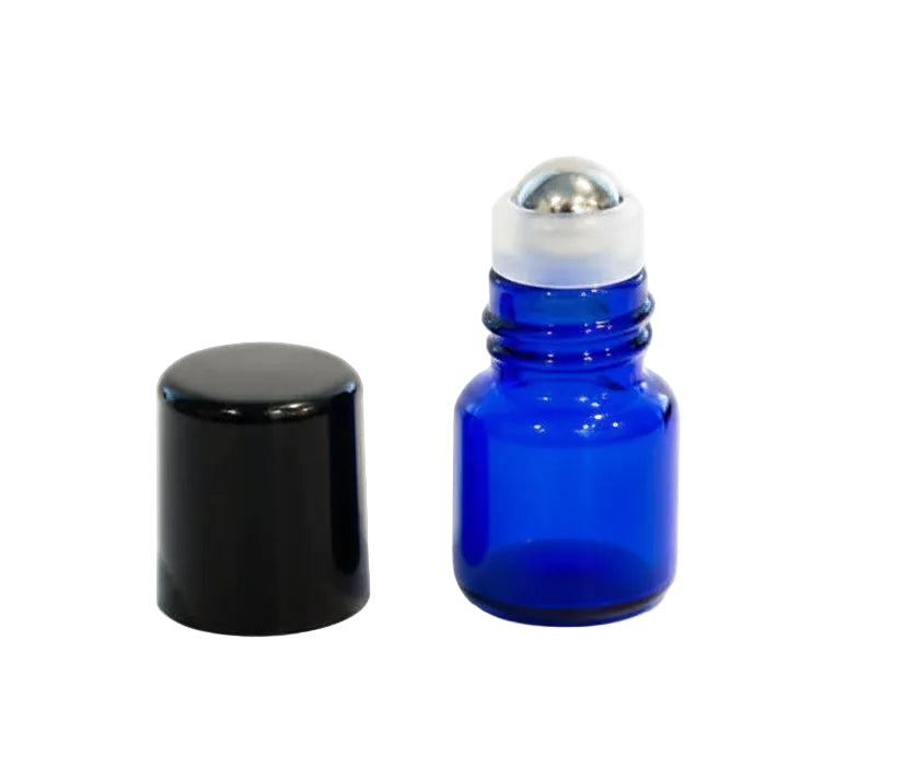 1 ml Blue Glass Vials with Metal Roll-ons and Black Caps (Pack of 12)