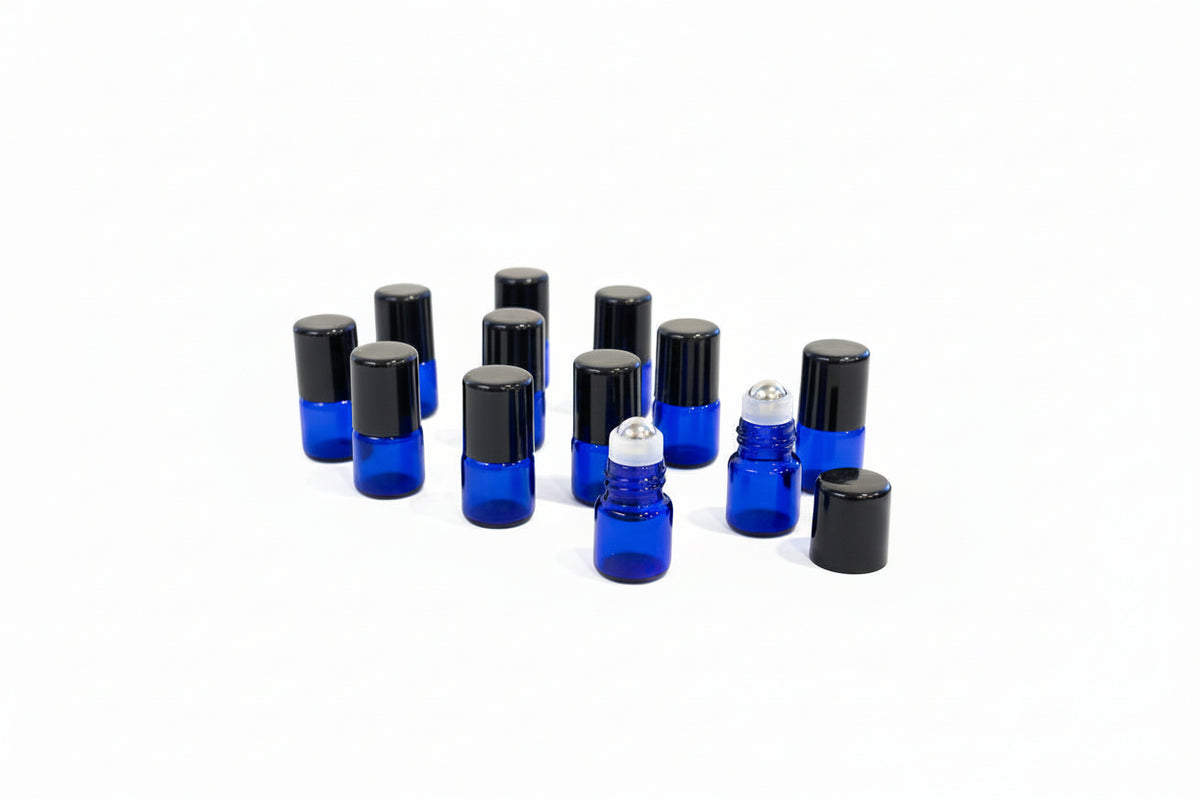 1 ml Blue Glass Vials with Metal Roll-ons and Black Caps (Pack of 12)