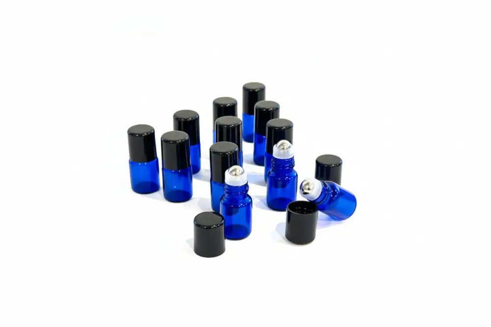 2 ml Blue Glass Vials with Metal Roll-ons and Black Caps (Pack of 12)